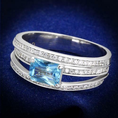 Jewellery Kingdom Ladies Blue Topaz Emerald Cut Sterling Silver Cz Pave Ring (Silver) - Jewelry Rings - British D'sire Main image