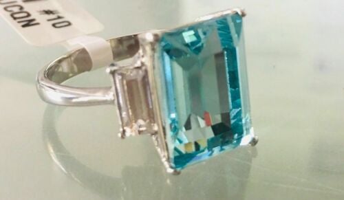 Jewellery Kingdom Ladies Blue Topaz Emerald Cut Three Stone Radiant Cut Ring (Silver) - Rings - British D'sire