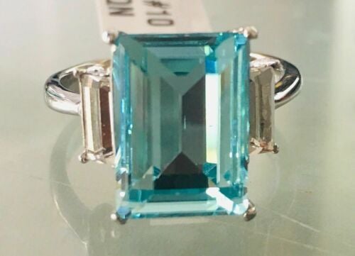 Jewellery Kingdom Ladies Blue Topaz Emerald Cut Three Stone Radiant Cut Ring (Silver) - Rings - British D'sire