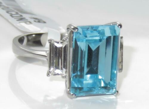 Jewellery Kingdom Ladies Blue Topaz Three Stone Emerald Radient Cut Cz Stainless Steel Ring - Jewelry Rings - British D'sire Main image