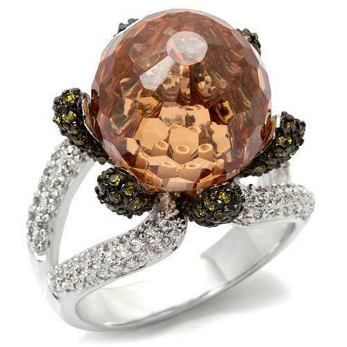 Jewellery Kingdom Ladies Champagne Ball Flower Cz Peridot Clear Cocktail Statement Ring - Jewelry Rings - British D'sire Main image