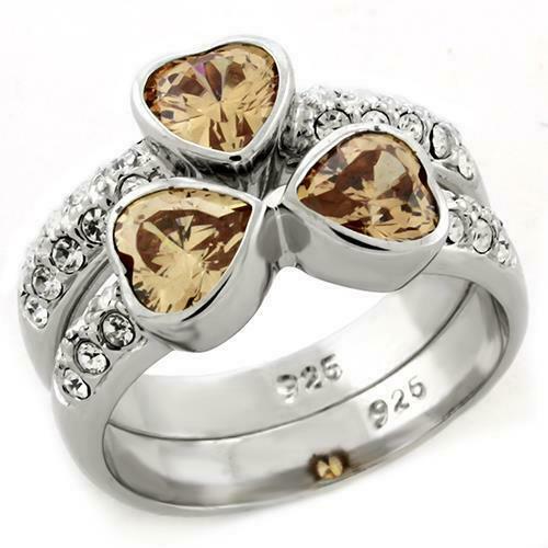Jewellery Kingdom Ladies Champagne Hearts Sterling Silver 2pcs Engagement Wedding Ring Set - Jewelry Rings - British D'sire Main image