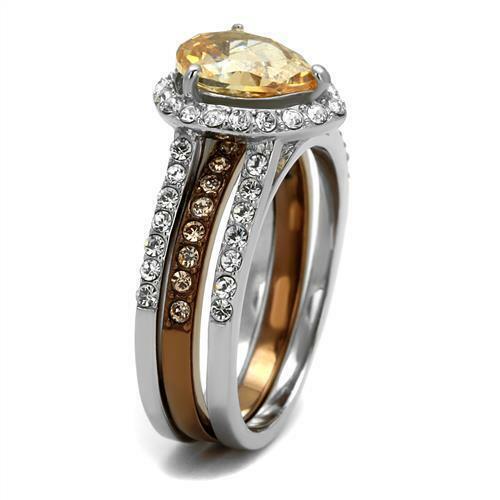 Jewellery Kingdom Ladies Champagne Pear Guard Cz Stainless Steel Wedding Band Coffee Ring Set - Jewelry Rings - British D'sire Main image