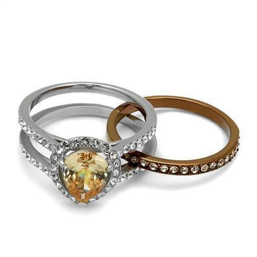 Jewellery Kingdom Ladies Champagne Pear Guard Cz Stainless Steel Wedding Band Coffee Ring Set Secondary image