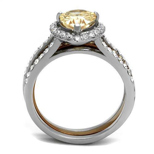 Jewellery Kingdom Ladies Champagne Pear Guard Cz Stainless Steel Wedding Band Coffee Ring Set - Jewelry Rings - British D'sire