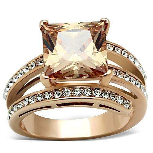 Jewellery Kingdom Ladies Champagne Princess Square Cut Steel Dress Ring (Rose Gold & Brown) - Jewelry Rings - British D'sire Main image