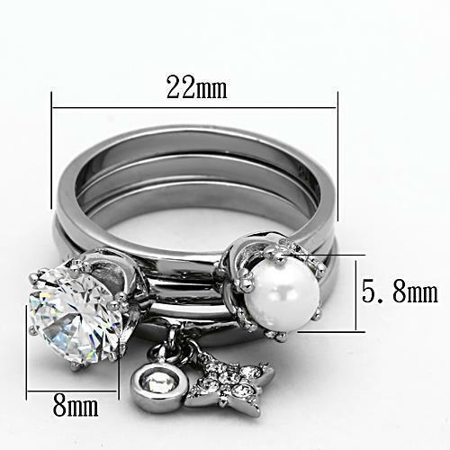 Jewellery Kingdom Ladies Charm Dangle Solitaire Cubic Zirconia Pearl Bezel Stainless Steel 3 Pcs Ring Set Secondary image