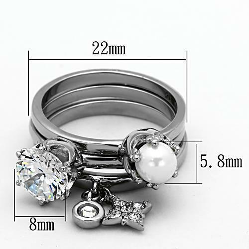 Jewellery Kingdom Ladies Charm Dangle Solitaire Cubic Zirconia Pearl Bezel Stainless Steel 3 Pcs Ring Set - Jewelry Rings - British D'sire