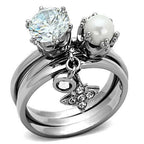 Jewellery Kingdom Ladies Charm Dangle Solitaire Cubic Zirconia Pearl Bezel Stainless Steel 3 Pcs Ring Set - Jewelry Rings - British D'sire