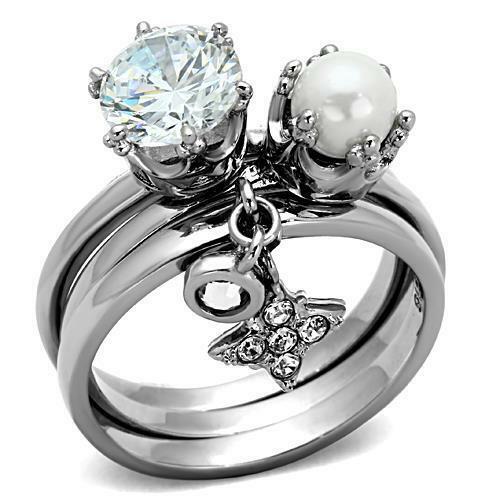 Jewellery Kingdom Ladies Charm Dangle Solitaire Cubic Zirconia Pearl Bezel Stainless Steel 3 Pcs Ring Set - Jewelry Rings - British D'sire