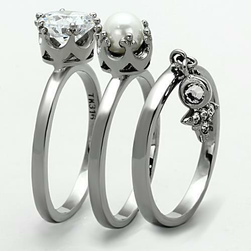 Jewellery Kingdom Ladies Charm Dangle Solitaire Cubic Zirconia Pearl Bezel Stainless Steel 3 Pcs Ring Set - Jewelry Rings - British D'sire