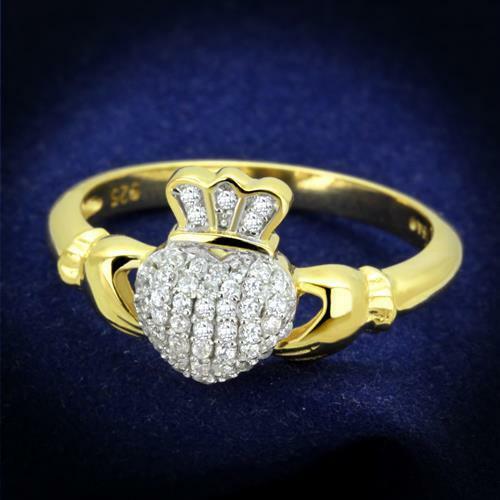 Jewellery Kingdom Ladies Claddagh Ring Gold Cz 18kt Sterling Silver Stamped Irish Handmade - Jewelry Rings - British D'sire Main image