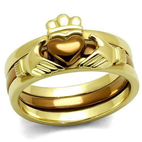 Jewellery Kingdom Ladies Claddagh Wedding Engagement Band Set Stainless Steel Ring (Gold) - Engagement Rings - British D'sire Main image