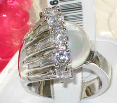 Jewellery Kingdom Ladies Cocktail Cubic Zirconia Fresh Water Pearl Solitaires Baguettes Ring (Silver) - Jewelry Rings - British D'sire
