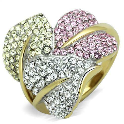Jewellery Kingdom Ladies Cocktail Multi Coloured Pave Cubic Zirconia Leaf Ring (Gold) - Jewelry Rings - British D'sire Main image
