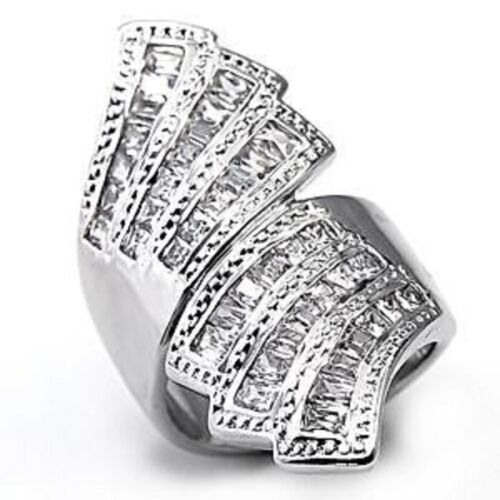 Jewellery Kingdom Ladies Cocktail Ring Cz Baguettes Silver Rhodium Long Sparkling Fan - Jewelry Rings - British D'sire