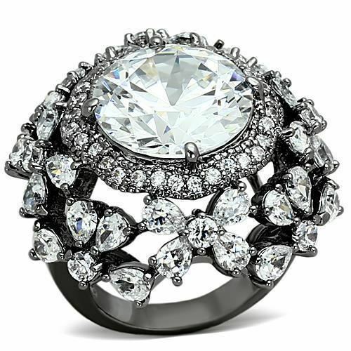 Jewellery Kingdom Ladies Cocktail Round Pear Cut CZ Ruthenium No Tarnish Statement Ring - Jewelry Rings - British D'sire Main image