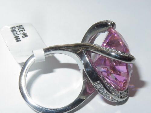 Jewellery Kingdom Ladies Cocktail Solitaire 15 Carat Stainless Steel Silver Sparkle Ring (Pink) - Jewelry Rings - British D'sire Main image