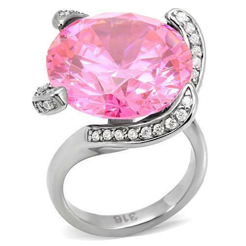 Jewellery Kingdom Ladies Cocktail Solitaire 15 Carat Stainless Steel Silver Sparkle Ring (Pink) - Jewelry Rings - British D'sire
