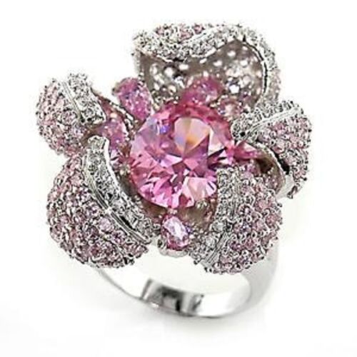 Jewellery Kingdom Ladies Cocktail Statement Big Cz Flower Silver Rhodium All Size Ring (Pink) - Jewelry Rings - British D'sire Main image