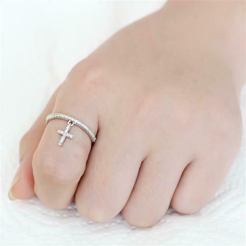 Jewellery Kingdom Ladies Cross Charm Dangle Band Rhodium Ring (Silver) Secondary image