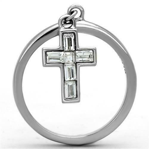 Jewellery Kingdom Ladies Cross Emerald Cut Stainless Steel Charm Dangle Ring (Silver) - Jewelry Rings - British D'sire Main image