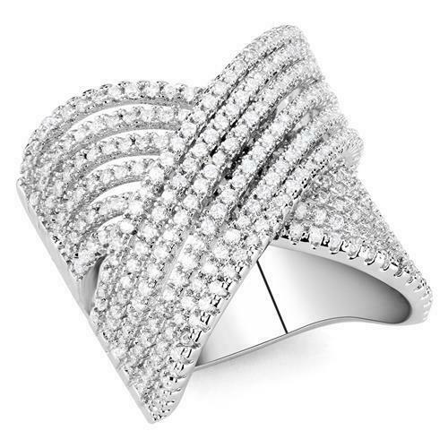 Jewellery Kingdom Ladies Cross Over Band Cubic Zirconia Silver Rhodium Wide Ring - Jewelry Rings - British D'sire