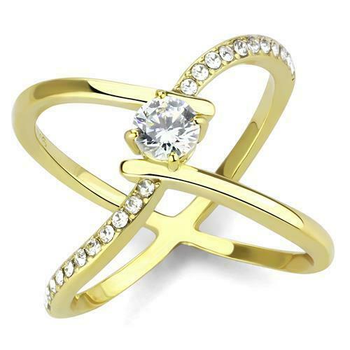 Jewellery Kingdom Ladies Cross Over Solitaire Accents 1.20 carat 18kt Steel Ring (Gold) - Jewelry Rings - British D'sire Main image