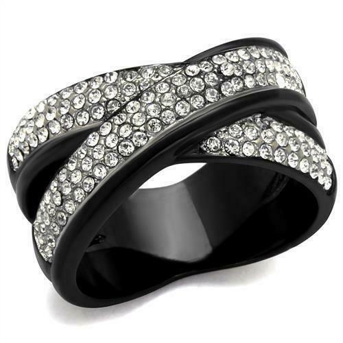 Jewellery Kingdom Ladies Crossover Band 12mm Stainless Steel Cubic Zirconia Ring (Black) - Jewelry Rings - British D'sire Main image