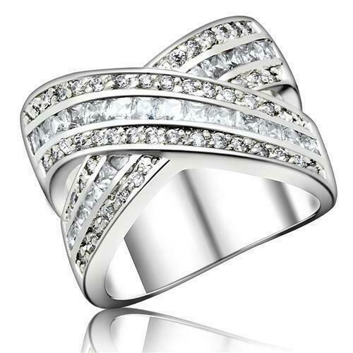 Jewellery Kingdom Ladies Crossover Princess Cut Sterling Silver Cubic Zirconia Silver Ring - Jewelry Rings - British D'sire Main image
