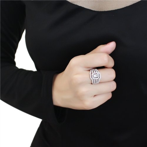 Jewellery Kingdom Ladies Cubic Zirconia Emerald Cut Engagement Wedding Band 3pcs Rhodium Ring Set (Silver) - Jewelry Rings - British D'sire Main image