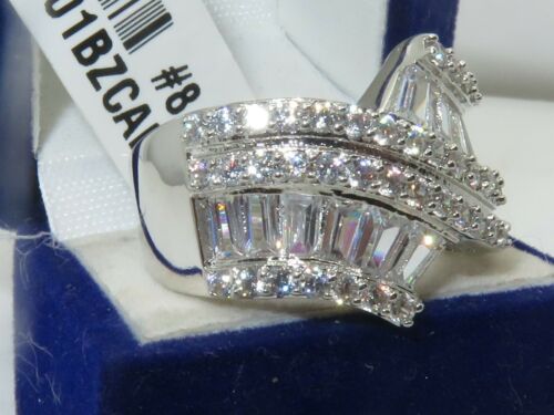 Jewellery Kingdom Ladies Cubic Zirconia Emerald Cut Round Band Rhodium Sparkling 3 Carat Ring (Silver) - Jewelry Rings - British D'sire