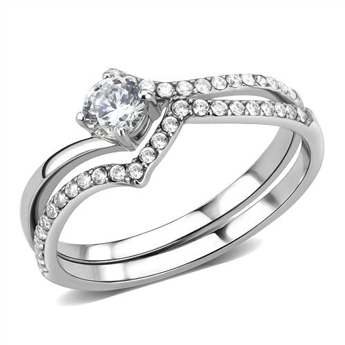 Jewellery Kingdom Ladies Cubic Zirconia Engagement Wedding Band Solitaire Accent Stainless Steel Ring Set - Engagement Rings - British D'sire Main image