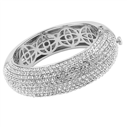 Jewellery Kingdom Ladies Cubic Zirconia Rhodium Chunky Hinged Pave Set Bangle (Clear Silver) - Bracelets & Bangles - British D'sire