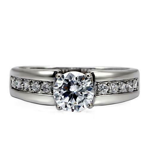 Jewellery Kingdom Ladies Cubic Zirconia Solitaire Accents Engagement Stainless Steel Ring (Silver) - Jewelry Rings - British D'sire Main image
