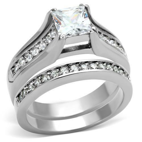 Jewellery Kingdom Ladies Cubic Zirconia Stainless Steel 150CT Wedding Band Engagement Ring Set (Silver) - Jewelry Rings - British D'sire