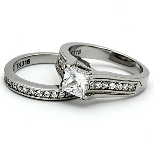 Jewellery Kingdom Ladies Cubic Zirconia Stainless Steel 150CT Wedding Band Engagement Ring Set (Silver) - Jewelry Rings - British D'sire Main image