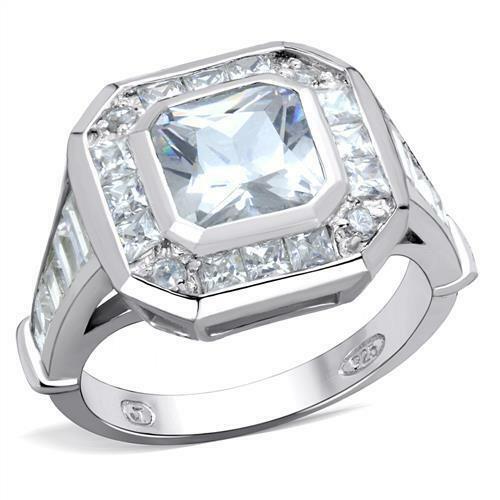 Jewellery Kingdom Ladies Cubic Zirconia Sterling Bezel Princess Cut Emerald Clear Sparkling Ring (Silver) - Jewelry Rings - British D'sire Main image