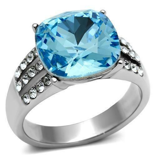 Jewellery Kingdom Ladies Cushion Aquamarine Cubic Zirconia 9 Carat Stainless Steel Silver Accent Ring Blue - Jewelry Rings - British D'sire