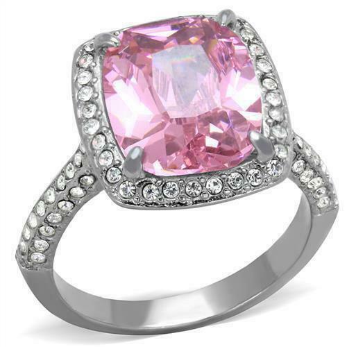 Jewellery Kingdom Ladies Cushion Cut Stainless Steel Simulated Diamond Ring (Silver & Pink) - Jewelry Rings - British D'sire Main image
