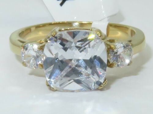 Jewellery Kingdom Ladies Cushion Cut Three Stone 4K Steel Ring (Gold) - Rings - British D'sire