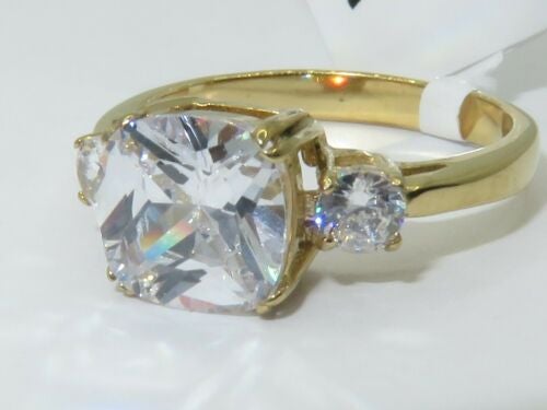 Jewellery Kingdom Ladies Cushion Cut Three Stone 4K Steel Ring (Gold) - Rings - British D'sire