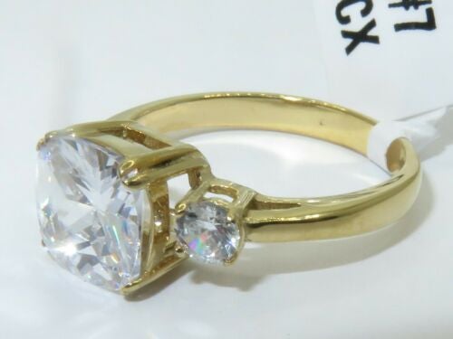 Jewellery Kingdom Ladies Cushion Cut Three Stone 4K Steel Ring (Gold) - Rings - British D'sire