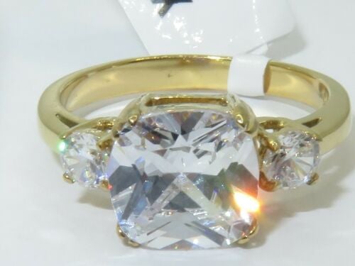 Jewellery Kingdom Ladies Cushion Cut Three Stone 4K Steel Ring (Gold) - Rings - British D'sire