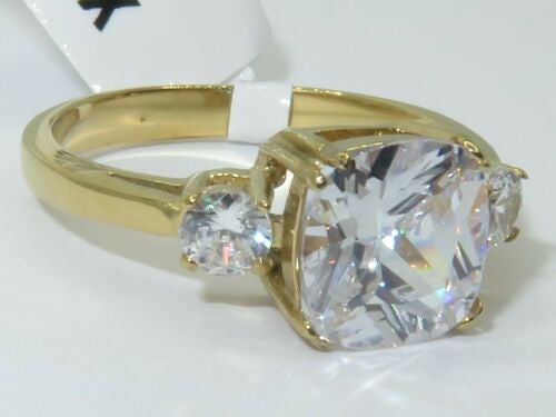 Jewellery Kingdom Ladies Cushion Cut Three Stone 4K Steel Ring (Gold) - Rings - British D'sire Main image