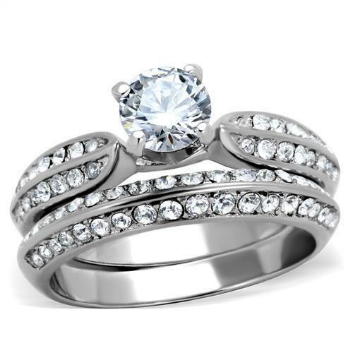 Jewellery Kingdom Ladies Cz 2 Carat Stainless Steel Wedding Bridal Ring Set (Silver) - Jewelry Rings - British D'sire Main image