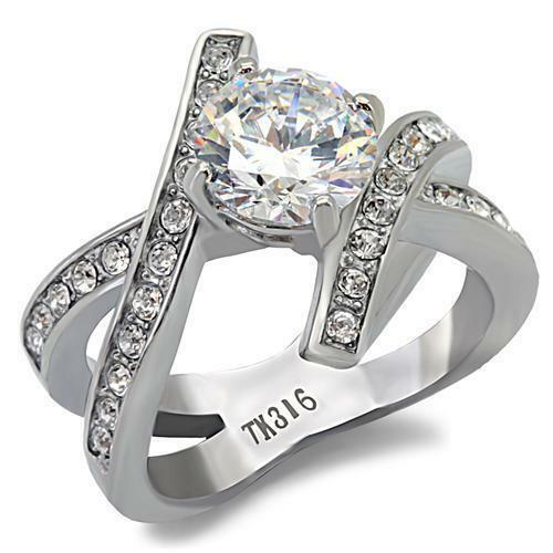 Jewellery Kingdom Ladies Cz 3 Carat Solitaire Cross Over Stainless Steel Ring (Silver) - Jewelry Rings - British D'sire Main image