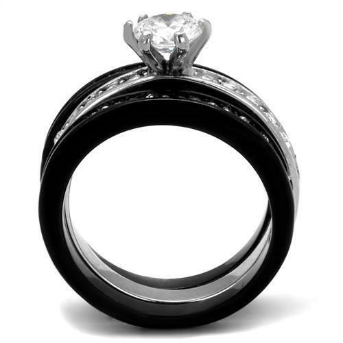 Jewellery Kingdom Ladies Cz 3pcs Engagement Wedding Bands Cz Solitaire Stack Ring Set (Black) - Jewelry Rings - British D'sire