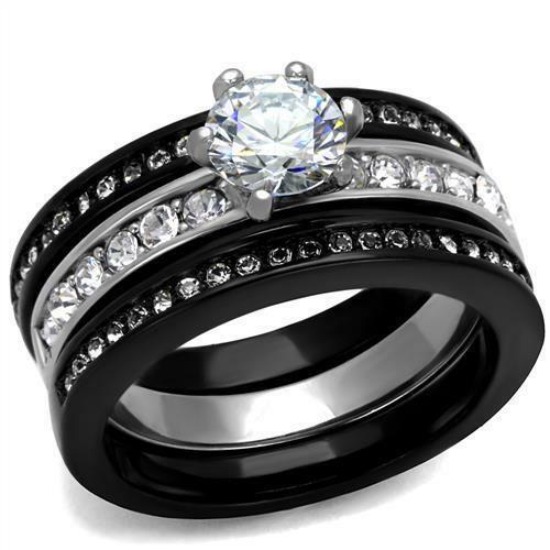Jewellery Kingdom Ladies Cz 3pcs Engagement Wedding Bands Cz Solitaire Stack Ring Set (Black) - Jewelry Rings - British D'sire Main image