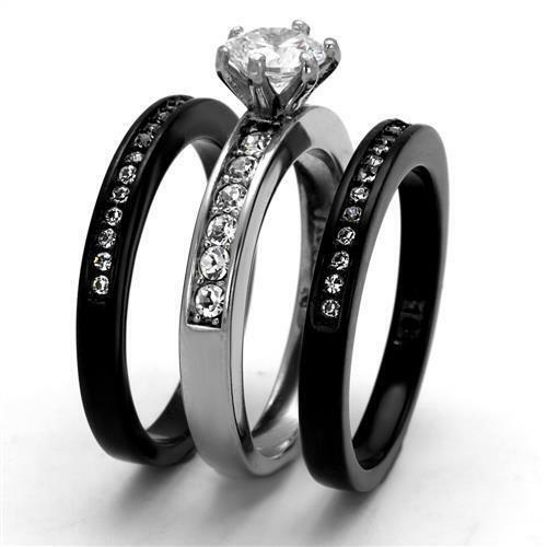 Jewellery Kingdom Ladies Cz 3pcs Engagement Wedding Bands Cz Solitaire Stack Ring Set (Black) - Jewelry Rings - British D'sire